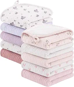 10 Pack Muslin Burp Cloths, 20"x10" Absorbent Baby Burping Cloths (Pink Purple)
