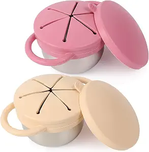 2 Pack Stainless Steel Spill Proof Snack Cup for Baby Toddlers Kids, with Silicone Food Catcher