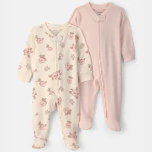 Baby Girl 2-Pack Floral Striped 100% Cotton 2-Way Zip Sleep & Play Pajamas - Pink/Ivory | Carter's - 3M