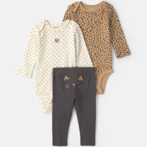 Baby Girl 3-Piece Leopard Long-Sleeve Bodysuit & Pant Set - Brown/Cream/Black | Carter's - 9M