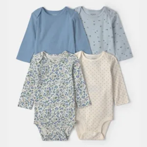 Baby Girl 4-Pack Blueberry Floral Long-Sleeve Bodysuits - Blue | Carter's - 3M