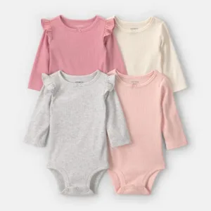 Baby Girl 4-Pack Ribbed Ruffle Long-Sleeve Multipack Bodysuits | Carter's - 6M