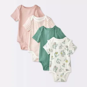 Baby Girls' 4pk Floral Short Sleeve Pointelle Bodysuit - Cloud Island -Cream 3-6M