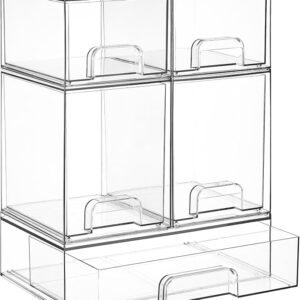 Clear Stackable Storage Drawers Set of 5, Plastic Organizer Bins