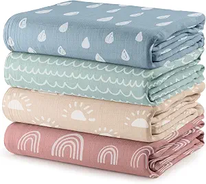 Comfy Cubs Muslin Swaddle Blankets Pack of 4 - Sun, Rainbow, Rain, Doodle