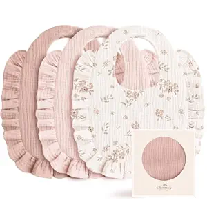 Konssy 3-Pack Muslin Baby Girl Bibs, 100% Cotton with Ruffle Trim - Pattern