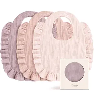 Konssy 3-Pack Muslin Baby Girl Bibs, 100% Cotton with Ruffle Trim