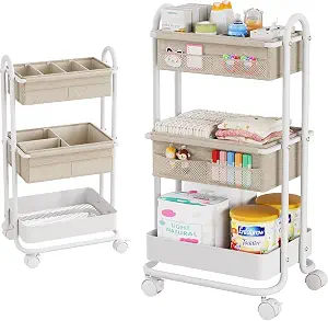Modanais Baby Diaper Caddy Organizer Cart - 3 Tier Rolling Cart, Off White