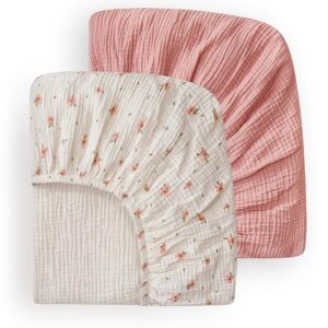 Muslin Mini Pack n Play Sheets, 2 Pack, Pink Floral & Light Pink