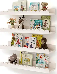 Shario Nursery Book Shelves, 4-Pack White Floating Shelves for Wall Kids, Scalloped Shelves, Wall Book...