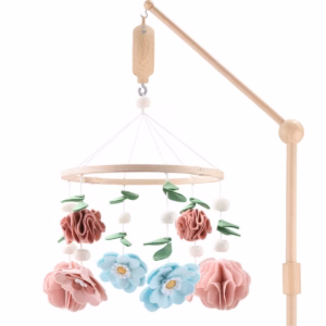 The Peanutshell Deluxe Wooden Crib Mobile Set with Arm, Music Box and Wildflower Baby Mobile, Pink
