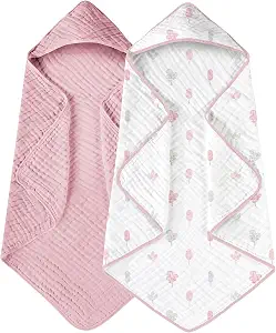 Yoofoss Hooded Baby Bath Towels 2 Pack 100% Muslin Organic Cotton with Hood